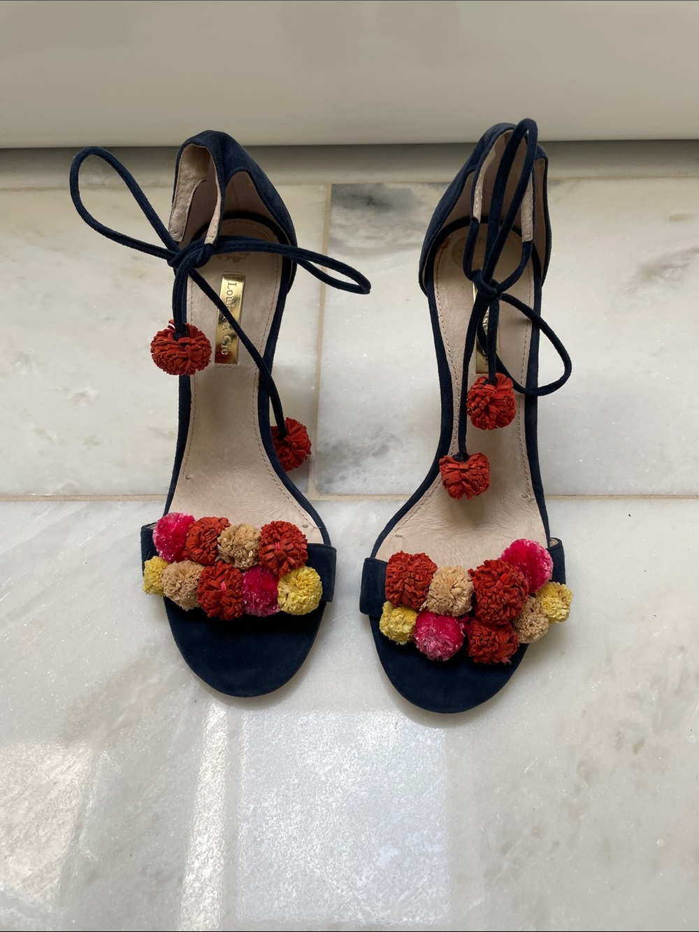 Louise et Cie Navy Lace-Up Pom-Pom Heels